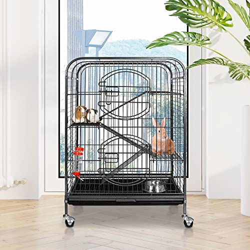 SUPER DEAL 37.2 Inches Metal Ferret Cage Chinchilla 4 Tiers Small Animal Cage with 3 Ladders/ 2 Front Doors/Food Bowl/Water Bottle/Slide Out Trays/Swivel Casters,Black