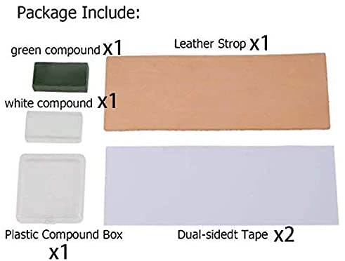 Double side 8" x 3" Leather Strop with Dual-sidedt Tape, Green & White Polishing Compound Kit for Honing & Sharpening Knives, Kitchen & Chef Knives, Straight razor, Wood Carving Chisels Brown