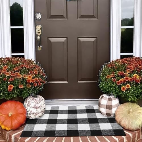 KIMODE Buffalo Plaid Outdoor Rug Doormat 24'' x 35' Black/White Checkered Farmhouse Cotton Woven Indoor Outdoor Rugs, Washable Porch Door Mats for Front Layered Kitchen Bathroom Laundry Room