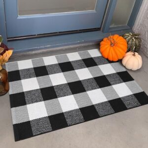 KIMODE Buffalo Plaid Outdoor Rug Doormat 24'' x 35' Black/White Checkered Farmhouse Cotton Woven Indoor Outdoor Rugs, Washable Porch Door Mats for Front Layered Kitchen Bathroom Laundry Room