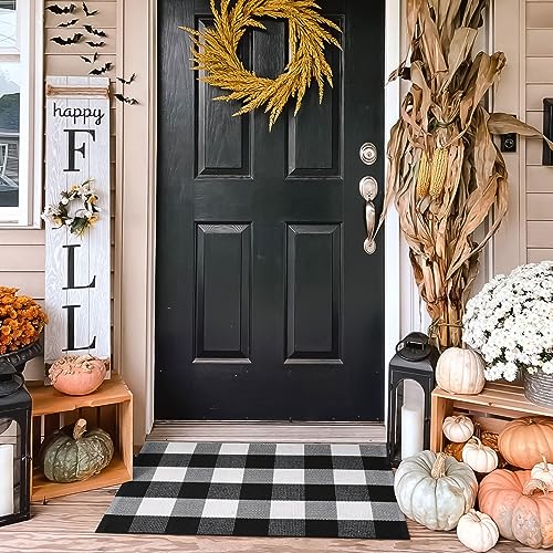 KIMODE Buffalo Plaid Outdoor Rug Doormat 24'' x 35' Black/White Checkered Farmhouse Cotton Woven Indoor Outdoor Rugs, Washable Porch Door Mats for Front Layered Kitchen Bathroom Laundry Room