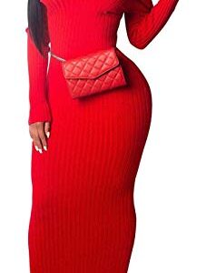 Cinyifaan Womens Deep V Neck Knit Sweater Long Sleeve Bodycon Midi Pencil Dress