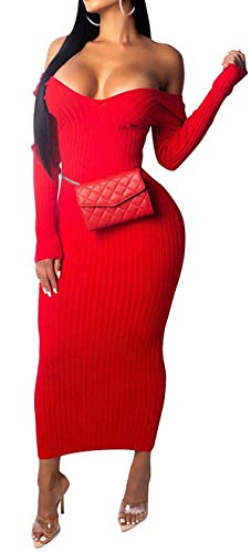 Cinyifaan Womens Deep V Neck Knit Sweater Long Sleeve Bodycon Midi Pencil Dress