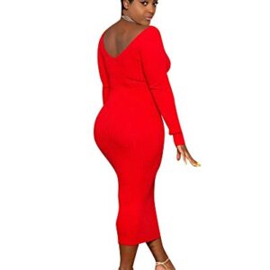 Cinyifaan Womens Deep V Neck Knit Sweater Long Sleeve Bodycon Midi Pencil Dress