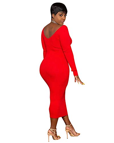 Cinyifaan Womens Deep V Neck Knit Sweater Long Sleeve Bodycon Midi Pencil Dress