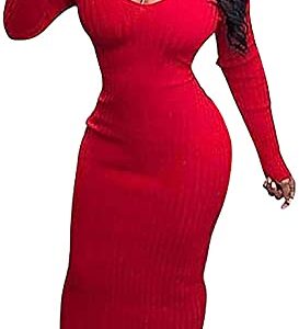 Cinyifaan Womens Deep V Neck Knit Sweater Long Sleeve Bodycon Midi Pencil Dress