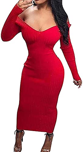 Cinyifaan Womens Deep V Neck Knit Sweater Long Sleeve Bodycon Midi Pencil Dress