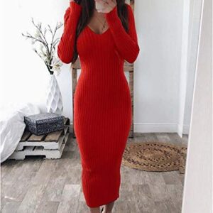 Cinyifaan Womens Deep V Neck Knit Sweater Long Sleeve Bodycon Midi Pencil Dress