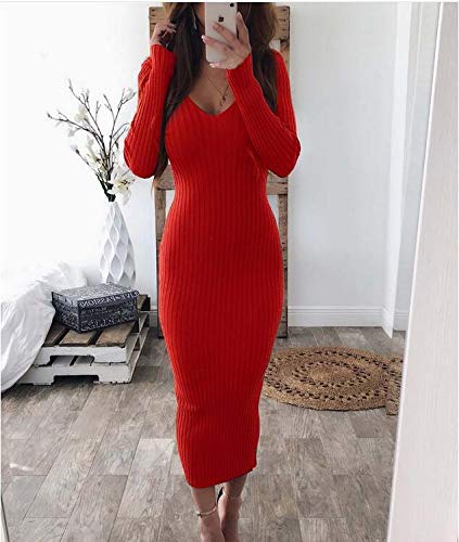 Cinyifaan Womens Deep V Neck Knit Sweater Long Sleeve Bodycon Midi Pencil Dress