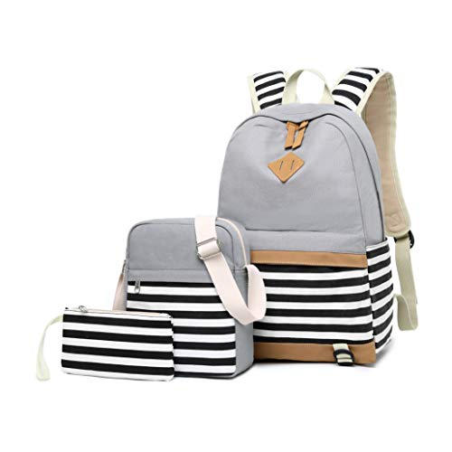 Girls School Backpack Causal Canvas Stripe Backpack Cute Teen Backpacks For Girls School Bag (Gray) One_Size