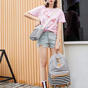 Girls School Backpack Causal Canvas Stripe Backpack Cute Teen Backpacks For Girls School Bag (Gray) One_Size