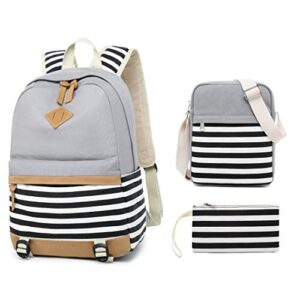 Girls School Backpack Causal Canvas Stripe Backpack Cute Teen Backpacks For Girls School Bag (Gray) One_Size