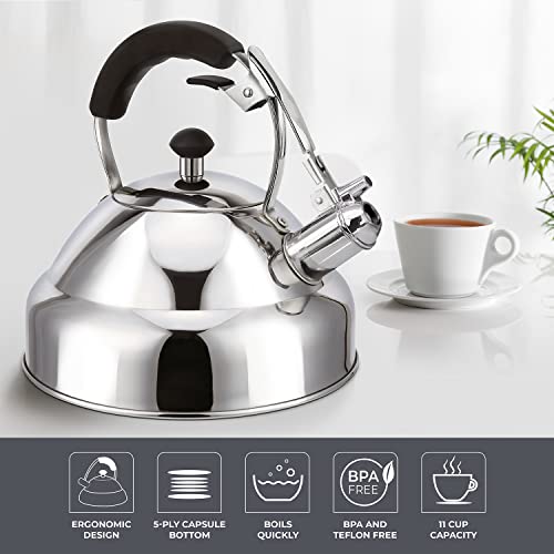 Stove Top Whistling Tea Kettle - Only Culinary Grade Stainless Steel Teapot with Cool Touch Ergonomic Handle and Straight Pour Spout - Tea Maker Infuser Strainer Included