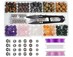stone beads box set kits 250pcs 8mm round loose gemstone natural amethyst rose quartz red agate larvikite labradorite assorted color with accessories tools for bracelet(100% natural stone beads kit 2)