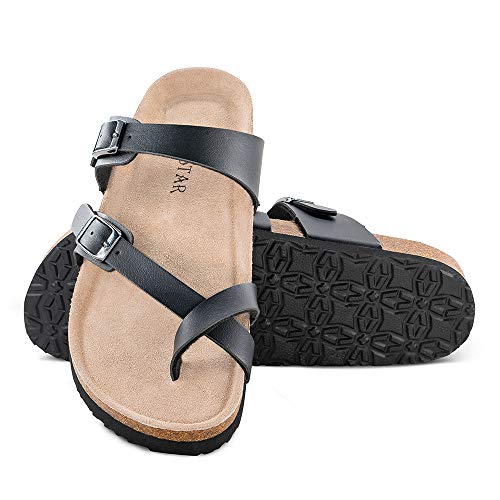 TF STAR Adjustable Sandals, Flat Leather Casual Slippers for Women & Ladies, Flip-Flops Ring Open-Toe Slide Cork Footbed for Teenagers/Girls