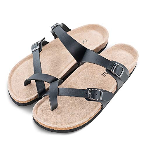 TF STAR Adjustable Sandals, Flat Leather Casual Slippers for Women & Ladies, Flip-Flops Ring Open-Toe Slide Cork Footbed for Teenagers/Girls