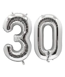 aule 40 inch jumbo silver foil mylar number balloons for men women 30th birthday party decorations 30 years old anniversary party supplies