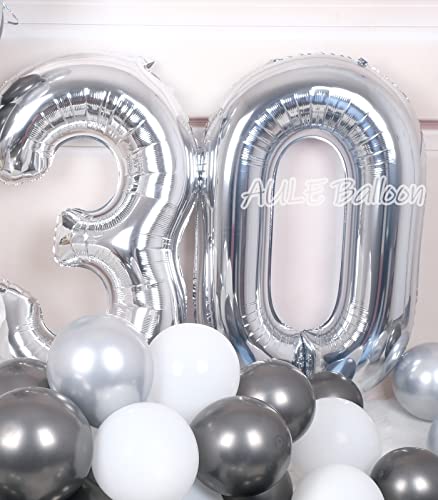 AULE 40 Inch Jumbo Silver Foil Mylar Number Balloons for Men Women 30th Birthday Party Decorations 30 Years Old Anniversary Party Supplies