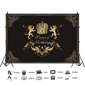 CSFOTO 7x5ft Polyester Happy Birthday Backdrop for Men Black Gold Birthday Banner Lion Birthday Backdrop King Crown Backdrop Lion Birthday Party Supplies Men Birthday Background