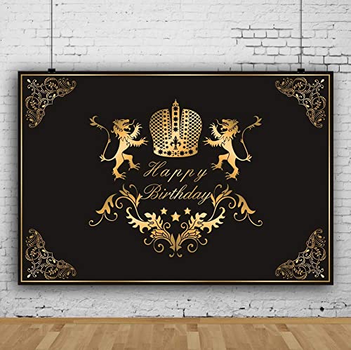 CSFOTO 7x5ft Polyester Happy Birthday Backdrop for Men Black Gold Birthday Banner Lion Birthday Backdrop King Crown Backdrop Lion Birthday Party Supplies Men Birthday Background