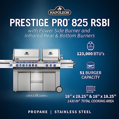 Napoleon PRO825RSBIPSS-3 Prestige PRO 825 RSBI Propane Gas Grill, sq.in. + Infrared Rear & Bottom Range Burner, Stainless Steel