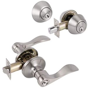 knobonly 5 pack wave style door handleset locksets, entrance door levers with double cylinder deadbolts in satin nickel finish, all keyed alike front/entry doors