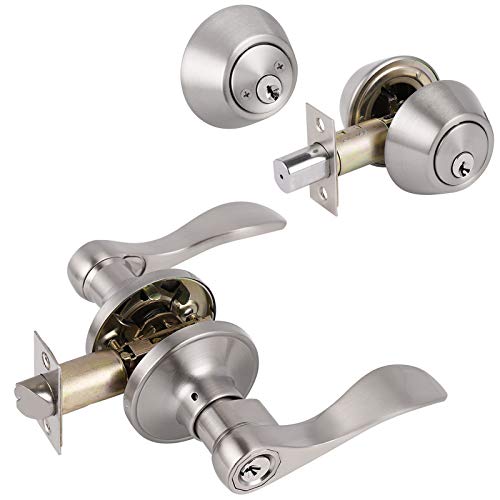 Knobonly 5 Pack Wave Style Door Handleset Locksets, Entrance Door Levers with Double Cylinder Deadbolts in Satin Nickel Finish, All Keyed Alike Front/Entry Doors