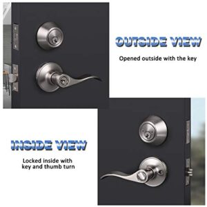 Knobonly 5 Pack Wave Style Door Handleset Locksets, Entrance Door Levers with Double Cylinder Deadbolts in Satin Nickel Finish, All Keyed Alike Front/Entry Doors