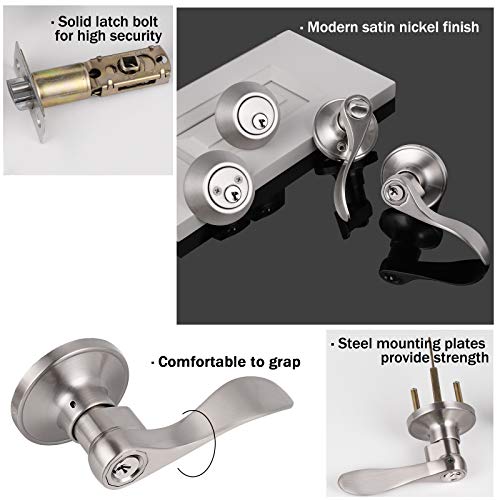 Knobonly 5 Pack Wave Style Door Handleset Locksets, Entrance Door Levers with Double Cylinder Deadbolts in Satin Nickel Finish, All Keyed Alike Front/Entry Doors