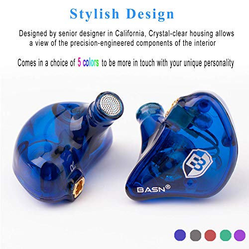 BASN High-Definition in Ear Monitor Headphones for Musicians with Detachable MMCX Earbuds; Dual Dynamic Drivers and Noise-Isolating (Blue)