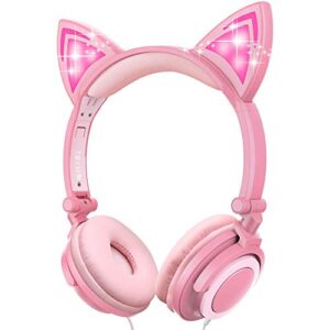 sunvito cat ear headphones, on-ear kids headphones wired led lights 3.5mm jack, 85db volume control kid earphones for school, foldable headphones for kids headphones (pink)