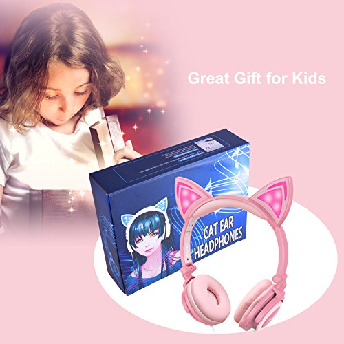 Sunvito cat Ear Headphones, On-Ear Kids Headphones Wired LED Lights 3.5mm Jack, 85dB Volume Control Kid Earphones for School, Foldable Headphones for Kids Headphones (Pink)