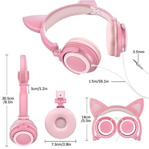 Sunvito cat Ear Headphones, On-Ear Kids Headphones Wired LED Lights 3.5mm Jack, 85dB Volume Control Kid Earphones for School, Foldable Headphones for Kids Headphones (Pink)
