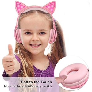 Sunvito cat Ear Headphones, On-Ear Kids Headphones Wired LED Lights 3.5mm Jack, 85dB Volume Control Kid Earphones for School, Foldable Headphones for Kids Headphones (Pink)