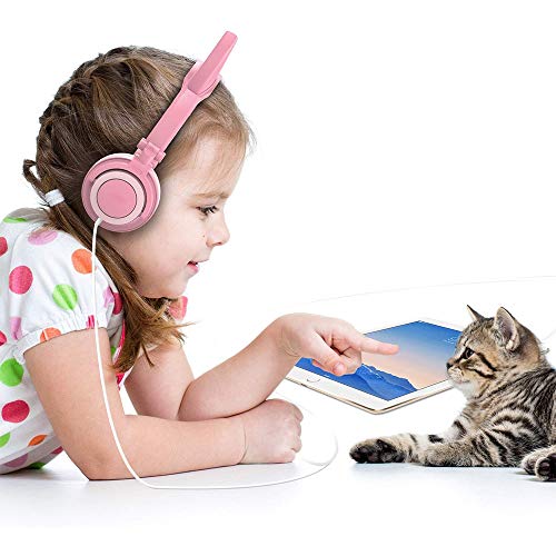 Sunvito cat Ear Headphones, On-Ear Kids Headphones Wired LED Lights 3.5mm Jack, 85dB Volume Control Kid Earphones for School, Foldable Headphones for Kids Headphones (Pink)