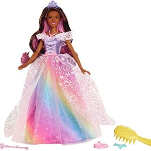 Barbie Dreamtopia Royal Ball Princess Doll, Brunette Wearing Glittery Rainbow Ball Gown, with Brush and 5 Accessories, Gift for 3 to 7 Year Olds