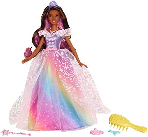 Barbie Dreamtopia Royal Ball Princess Doll, Brunette Wearing Glittery Rainbow Ball Gown, with Brush and 5 Accessories, Gift for 3 to 7 Year Olds