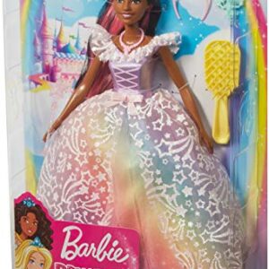 Barbie Dreamtopia Royal Ball Princess Doll, Brunette Wearing Glittery Rainbow Ball Gown, with Brush and 5 Accessories, Gift for 3 to 7 Year Olds