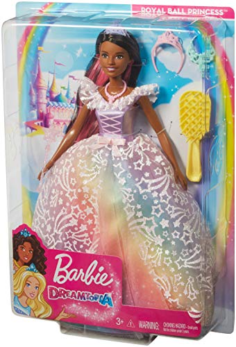 Barbie Dreamtopia Royal Ball Princess Doll, Brunette Wearing Glittery Rainbow Ball Gown, with Brush and 5 Accessories, Gift for 3 to 7 Year Olds