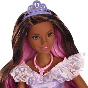 Barbie Dreamtopia Royal Ball Princess Doll, Brunette Wearing Glittery Rainbow Ball Gown, with Brush and 5 Accessories, Gift for 3 to 7 Year Olds