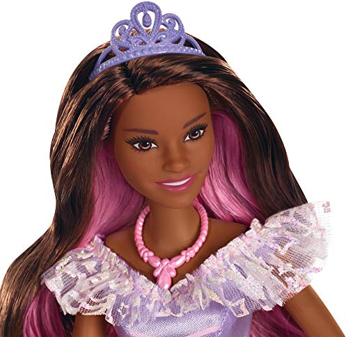 Barbie Dreamtopia Royal Ball Princess Doll, Brunette Wearing Glittery Rainbow Ball Gown, with Brush and 5 Accessories, Gift for 3 to 7 Year Olds