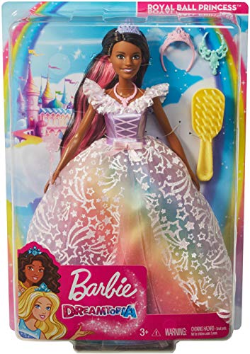 Barbie Dreamtopia Royal Ball Princess Doll, Brunette Wearing Glittery Rainbow Ball Gown, with Brush and 5 Accessories, Gift for 3 to 7 Year Olds