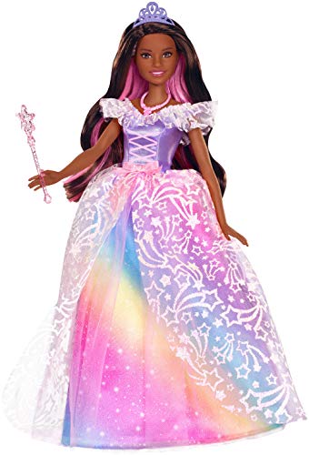 Barbie Dreamtopia Royal Ball Princess Doll, Brunette Wearing Glittery Rainbow Ball Gown, with Brush and 5 Accessories, Gift for 3 to 7 Year Olds