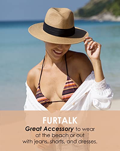 FURTALK Panama Hat Sun Hats for Women Men Wide Brim Fedora Straw Beach Hat UV UPF 50+ Black