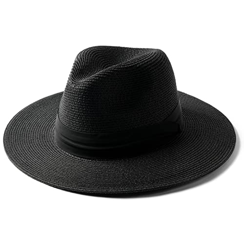 FURTALK Panama Hat Sun Hats for Women Men Wide Brim Fedora Straw Beach Hat UV UPF 50+ Black