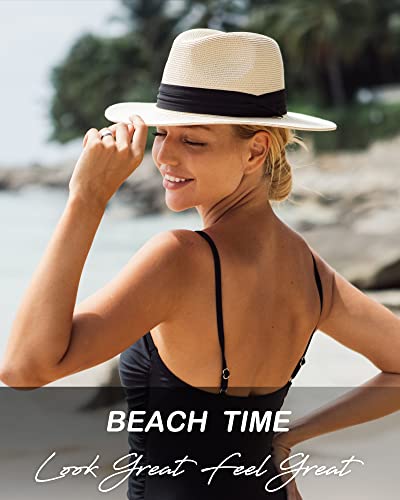 FURTALK Panama Hat Sun Hats for Women Men Wide Brim Fedora Straw Beach Hat UV UPF 50+ Black