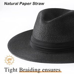 FURTALK Panama Hat Sun Hats for Women Men Wide Brim Fedora Straw Beach Hat UV UPF 50+ Black