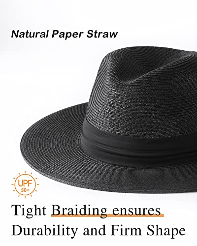 FURTALK Panama Hat Sun Hats for Women Men Wide Brim Fedora Straw Beach Hat UV UPF 50+ Black