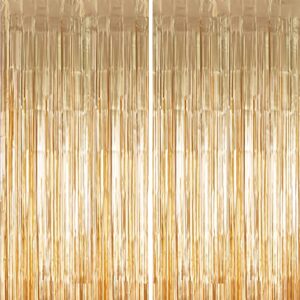 2 pack 3.3 ft x 9.8 ft foil curtains metallic fringe curtains shimmer curtain photo backdrop for halloween christmas birthday party wedding deco (pale gold)