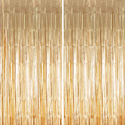 2 Pack 3.3 ft x 9.8 ft Foil Curtains Metallic Fringe Curtains Shimmer Curtain Photo Backdrop for Halloween Christmas Birthday Party Wedding Deco (Pale Gold)